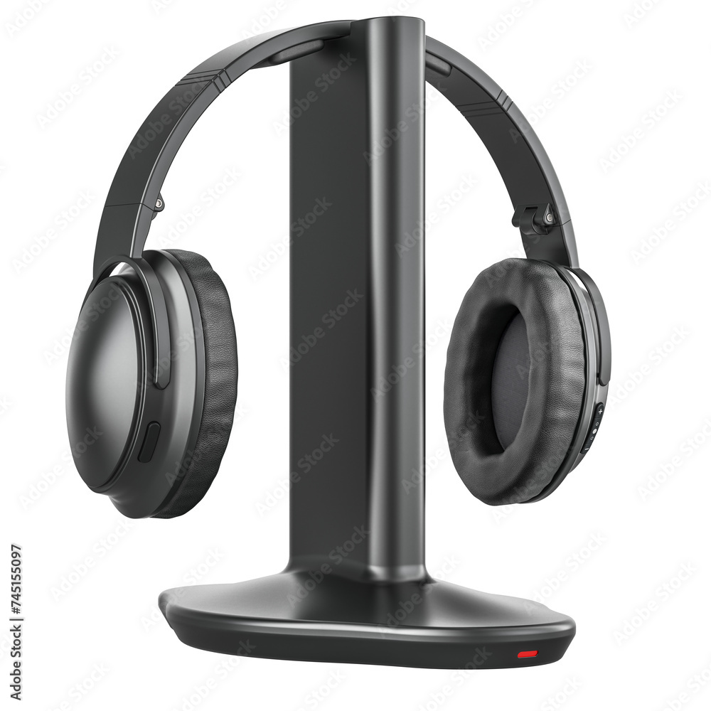 Poster wireless headphone with transmitter. wireless stereo headphone system, 3d rendering isolated on tran