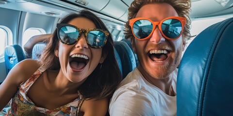 A joyful traveler snaps a selfie aboard an airplane, capturing cherished memories during their summer getaway.