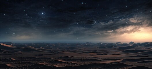 Beneath a blanket of stars, the desert unfolds with graceful sand dunes, casting surreal shadows under the enchanting night sky - obrazy, fototapety, plakaty