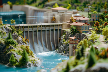 hydroelectric power station, dam on the river, model - obrazy, fototapety, plakaty