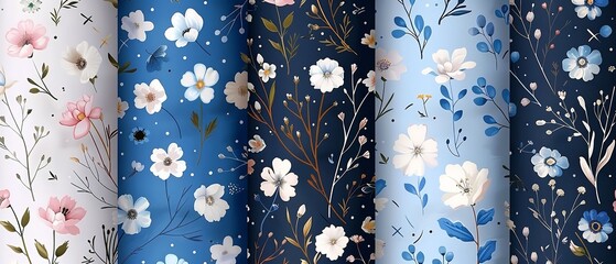A botanical theme was paired with a white and blue liberty ditsy print and an airy tiny blossom motif and space, Generative AI. - obrazy, fototapety, plakaty