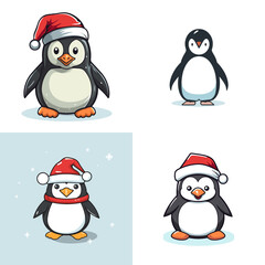 Fototapeta premium Penguin (Penguin Wearing Santa Hat). simple minimalist isolated in white background vector illustration