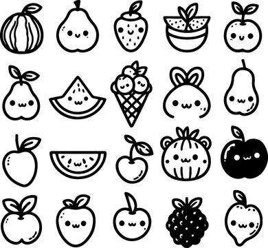 Fruits simple doodle black outline illustration.