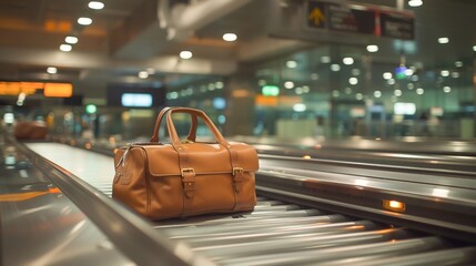 Tan Leather Travel Bag on Airport Moving Walkway