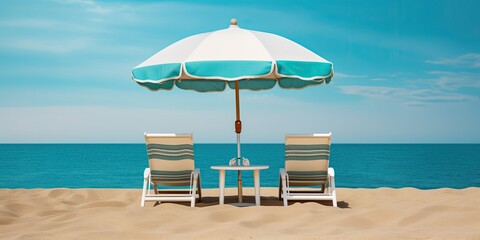 Nestled under beach umbrellas, chairs await amidst the sun-drenched shores for holiday delight