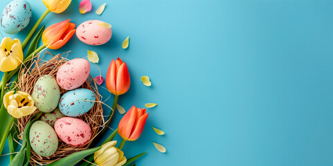 Hand painted easter eggs and tulips laid out on a slightly textured light blue background, right side area left blank for copy space or logo. Cropped for a background or banner image format. - obrazy, fototapety, plakaty