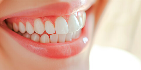 Closeup of a bright smile with perfect white teeth on a light background. Dental beauty concept. Generative AI