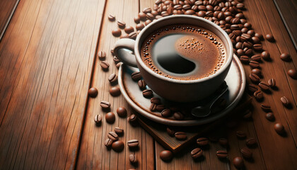 Full coffee cup with crema surrounded by beans on a dark wooden surface, soft lighting. Generative AI