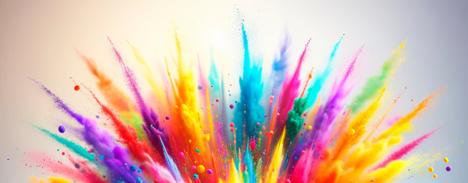 Vibrant explosion of colored powders on light background. Abstract, celebration concept. Generative AI