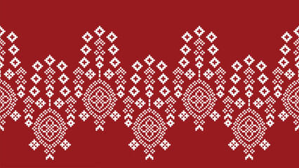 Traditional ethnic motifs ikat geometric fabric pattern cross stitch.Ikat embroidery Ethnic oriental Pixel red background. Abstract,vector,illustration. Texture,christmas,decoration,wallpaper.