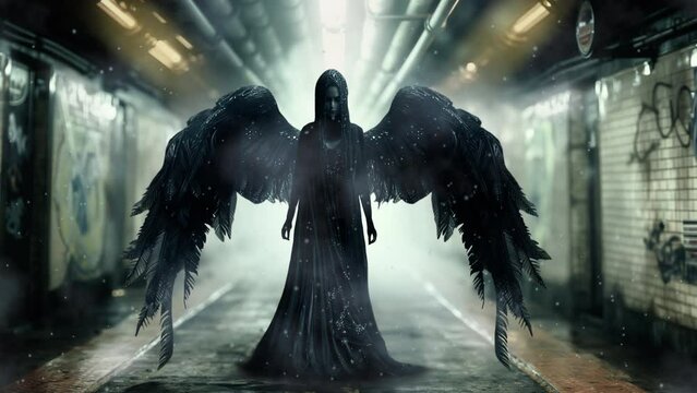 The appearance of a dark demon with wings in the underpass