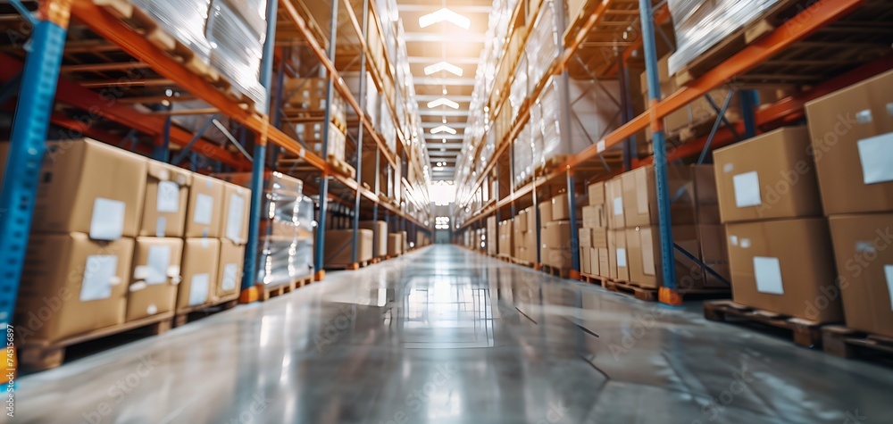 Poster warehouse or storehouse with rows of boxes on shelves. industrial and industrial background