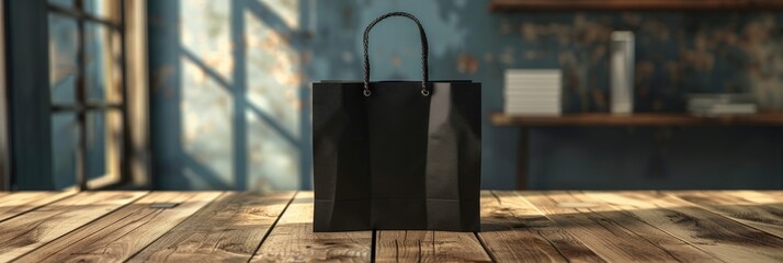 A mockup of a glossy black paper shopping bag in black. Ai generative