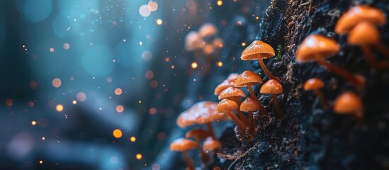 A group of vibrant orange mushrooms sprouting from the bark of a tree in a forest setting. The fungi appear to be Lamellar mushrooms, known for their distinctive gills and unique coloration. - obrazy, fototapety, plakaty