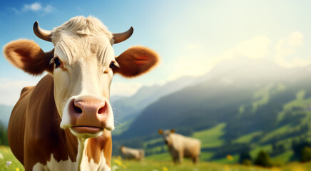Fototapeta na wymiar Brown cow in a meadow with a scenic mountain view at daytime. Generative AI