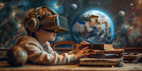 Little boy in virtual reality glasses and books. Future technology concept.