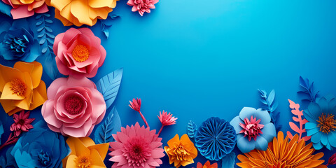 Artistic paper flowers arrangement on a gradient blue background. Creativity and art concept. Generative AI - obrazy, fototapety, plakaty