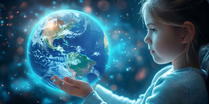 Cute little girl holding Earth planet. Elements of this image are furnished