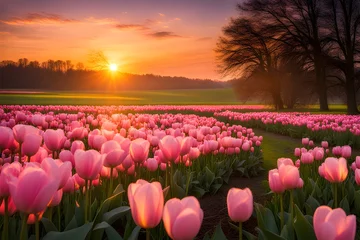 Photo sur Plexiglas Orange The landscape of tulip blooms in a field