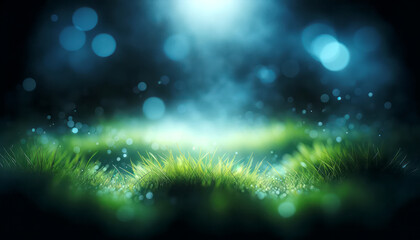 Fototapeta na wymiar Grass blades with sparkling dew, highlighted by soft night lights, embodying peaceful nature. Generative AI
