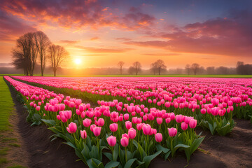 The landscape of tulip blooms in a field