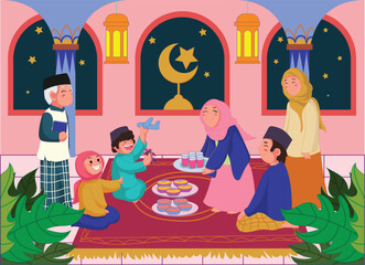 illustration of a family breaking the fast, father, mother, son, daughter, grandfather, grandmother. vector illustration