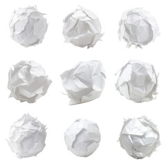 Collection of crumbled paper on white or transparent background