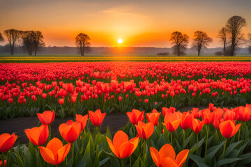The landscape of tulip blooms in a field