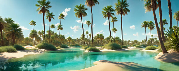 A hidden oasis in the desert with emerald-green waters, palm trees. AI Generated