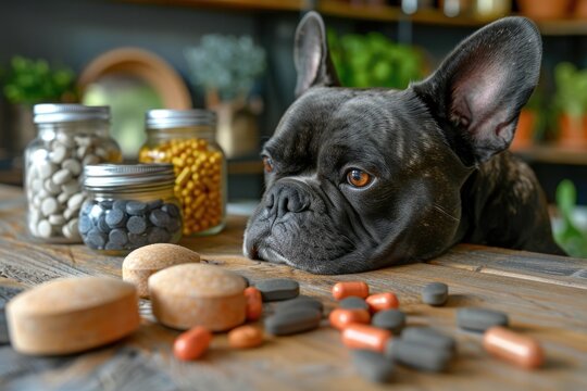 Dog is examining pet supplements on a wooden table. Ai generative