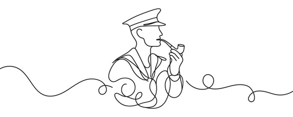 Continuous one line drawing of a sailor in uniform. Vector graphic illustration of a one line drawing of a ship captain.