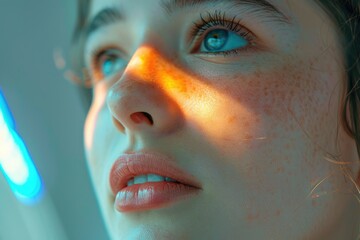Up close of a woman's face under an LED light source. Ai generative