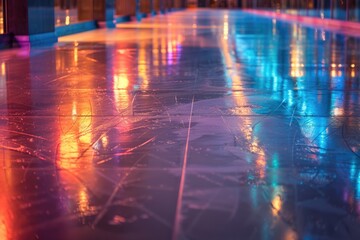 A brightly illuminated, empty ice skating rink displaying. Ai generative