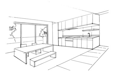 Interior design sketch of the dining area and pantry.. , Graphic assembly in architecture and interior design work. ,Sketch ideas for interior or exterior designs.