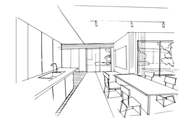 Interior design sketch of the dining area and pantry. , Graphic assembly in architecture and interior design work. ,Sketch ideas for interior or exterior designs.
