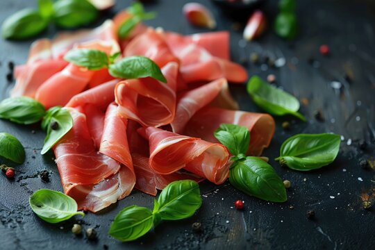 Sliced cured prosciutto with basil leaves on a rustic. Ai generative