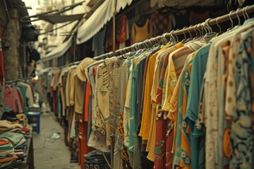 Many clothes in the street market in Baa on a clothes rack. Ai generative