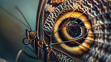 A macro photo of a butterfly's eye. The butterfly's eye should be large and fill the frame. The scales should be clearly visible and have a shiny texture.