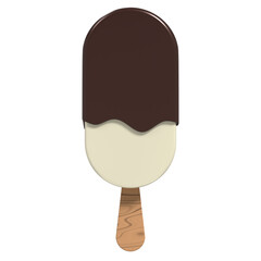 Chocolate ice cream bar. Ice cream dessert with a popsicle stick. Vanilla ice cream with chocolate topping. 3D rendering