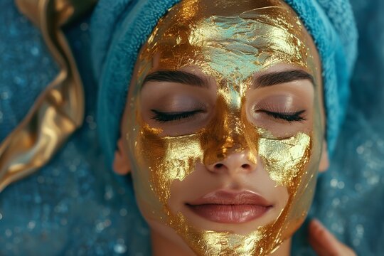 A lady in an upscale spa recuperating with an opulent gold face mask and space, Generative AI.