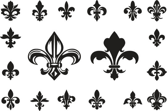 Fleur-de-lis vector icons like lily flowers. Royal french heraldry design elements for coat of arms, emblem or medieval design with black fleur-de-lis symbols Editable vector, eps 10.