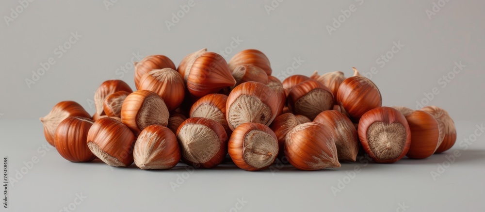 Poster A cluster of hazelnuts filbert sits atop a wooden table, creating a textured and natural display. The nuts are arranged in a random pile, showcasing their hard shells and smooth surfaces.