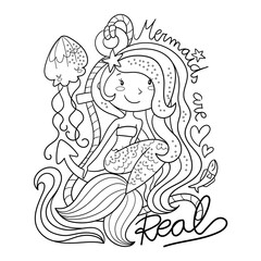 Illustration in black and white of a beautiful blue haired mermaid sitting on an anchor, coloring page