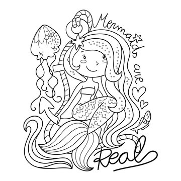 Illustration in black and white of a beautiful blue haired mermaid sitting on an anchor, coloring page