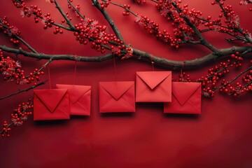 Crimson envelopes on a crimson backdrop dangling from a plum tree's branches. Ai generative