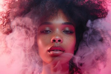 Gorgeous curly-haired African American woman smoking on a pink backdrop. Ai generative