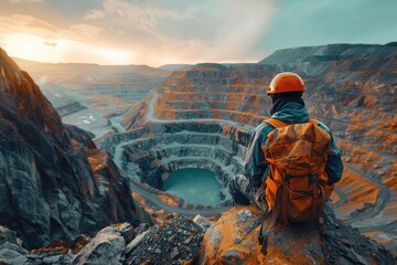 A miner wearing protective gear, surveying an open pit. Ai generative - obrazy, fototapety, plakaty