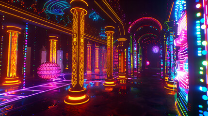 An immersive image capturing the surreal atmosphere of abstract geometric shapes and structures illuminated by neon colors and lights, pulsating with energy in cyberspace against a dark background.