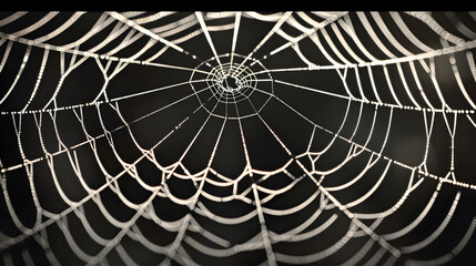 Obraz premium A macro photo of a spider web. The spider web should be perfectly symmetrical and have a delicate structure. The threads should be clearly visible and have a shiny texture.