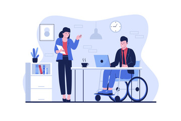 Disabled man working in the office using a wheelchair. Vector data illustration
